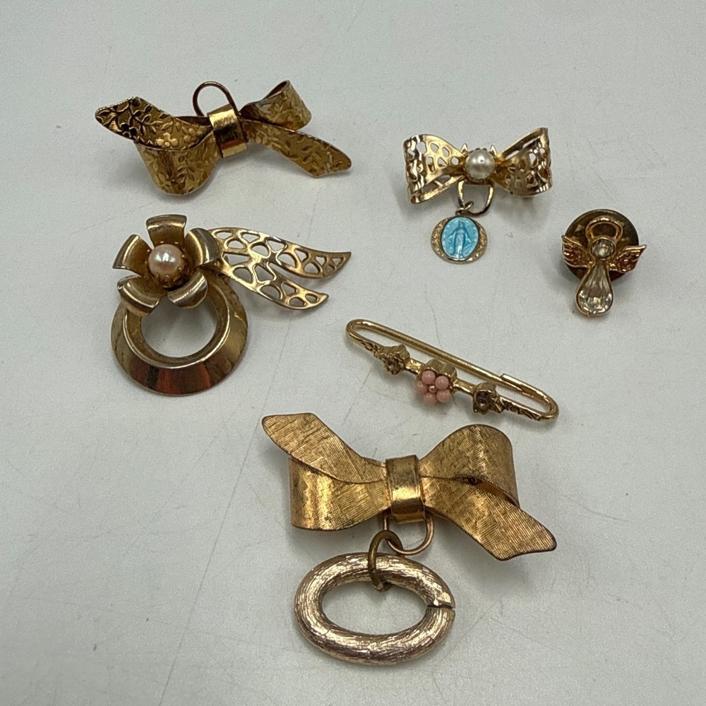 Vintage Gold Tone Brooch Pin Lot 6pc Bow Floral Miraculous Medal Angel Religious